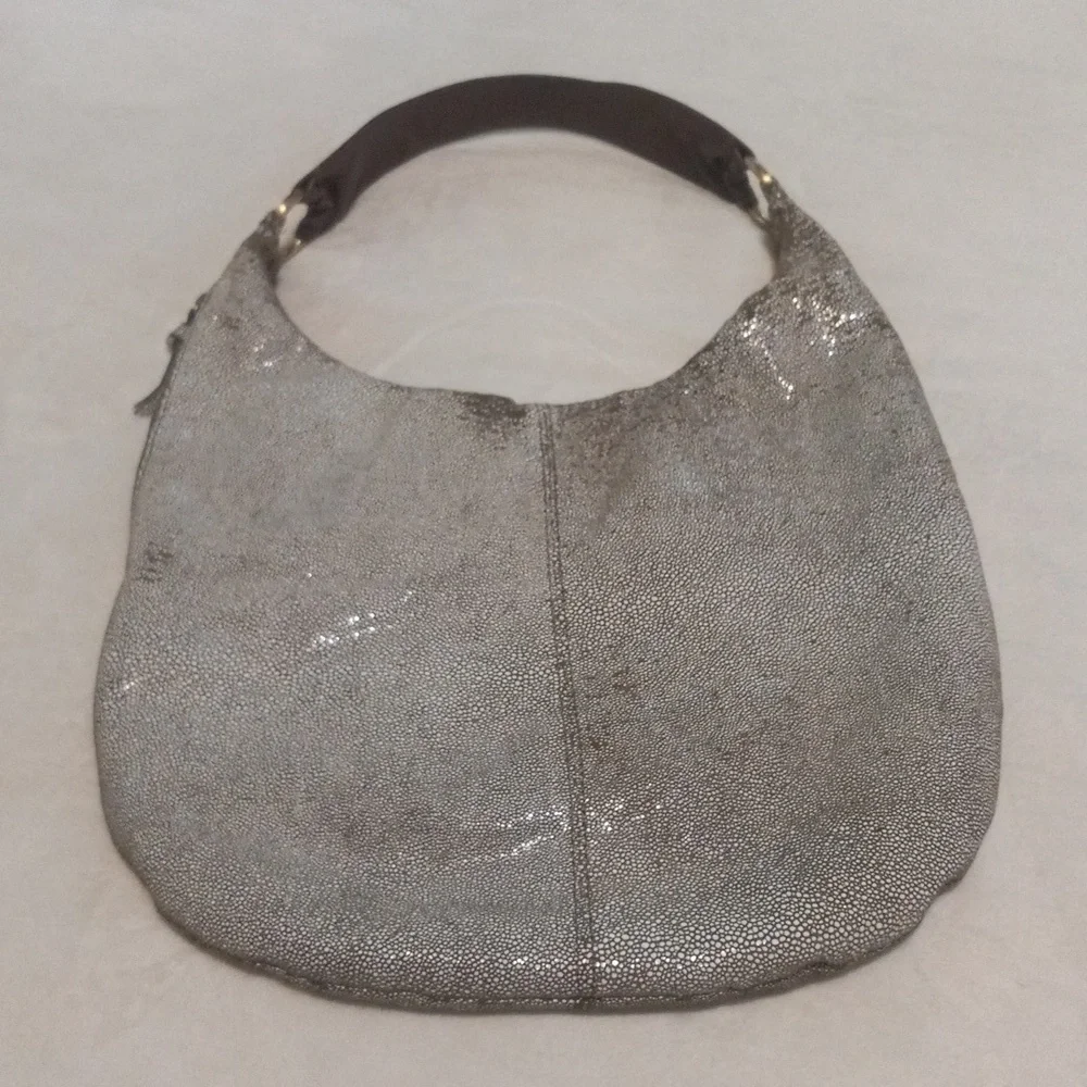 Hobo International Brown & Cream Stingray Print Glazed Leather Shoulder Handbag